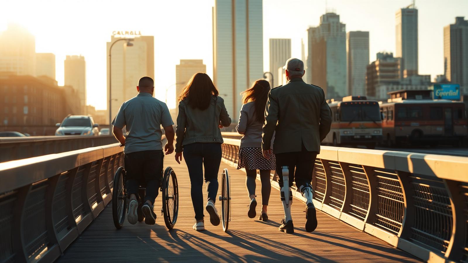 Three people walking together across a sunlit bridge at golden hour